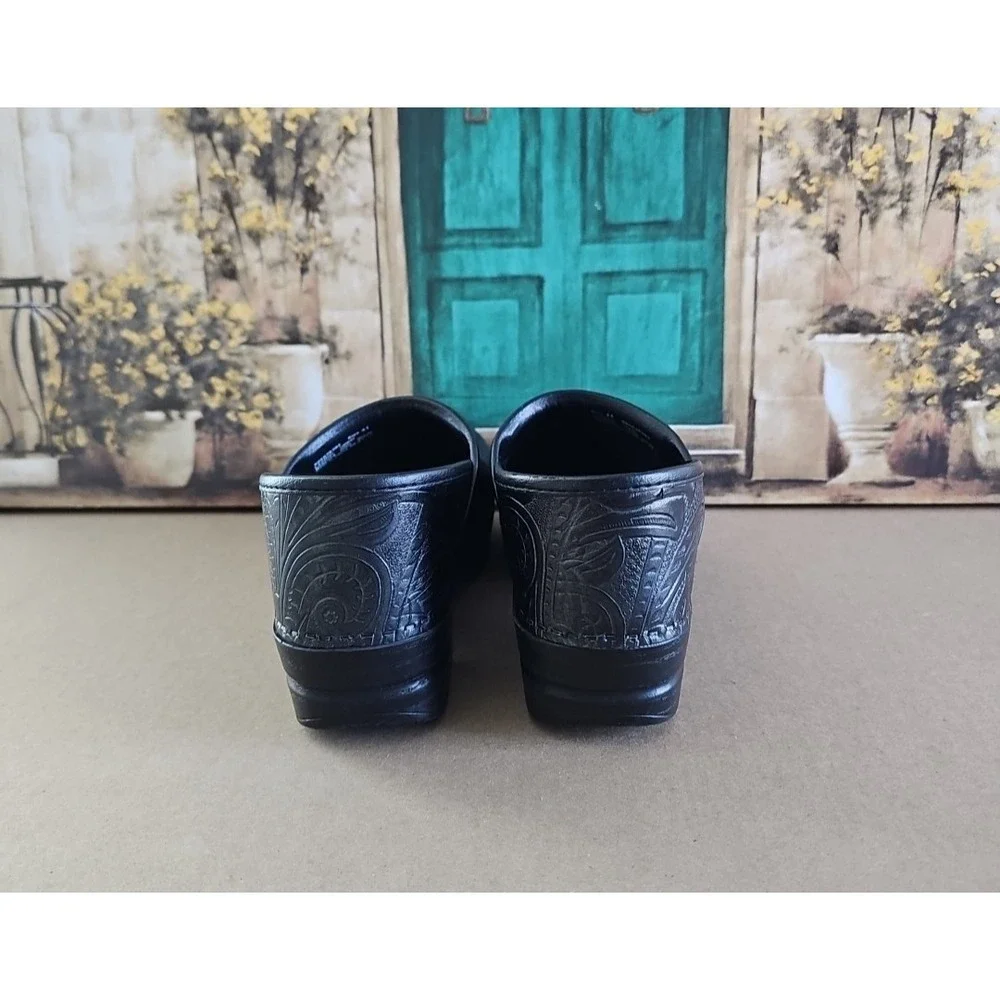 Dansko Clogs Women 41/10 5 Shoes Black Patent Leather Floral Professional Nurse